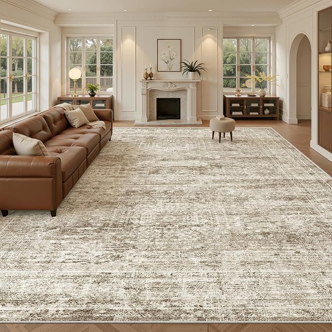 12x15 Washable Area Rug Brown Neutral Abstract Living Room Large Carpet Non by Soalmost