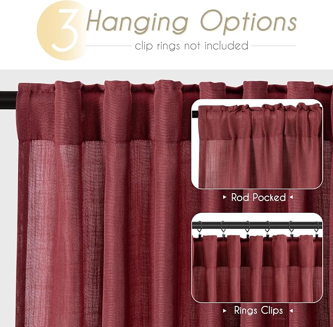 Burgundy Curtains for Living Room Back Tab Modern Farmhouse Semi Sheer Burgundy - Image 2