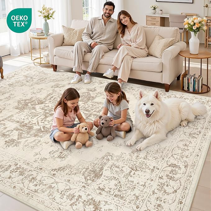 Area Rugs 9x12 Living Room: Bedroom Washable Carpet Beige/Ivory | Vintage Boho - Image 7