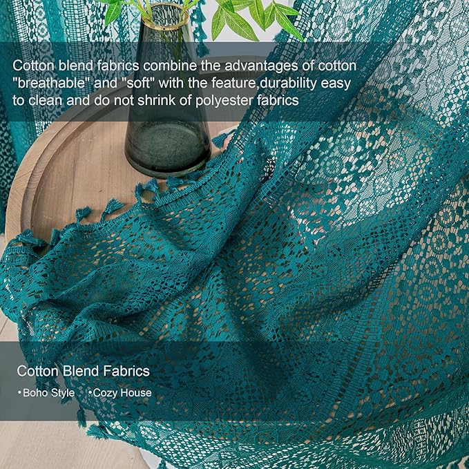 WAZZIO Boho Lace Curtains 96 Inches 2 Panel, Light Filtering Privacy Tassel & - Image 5