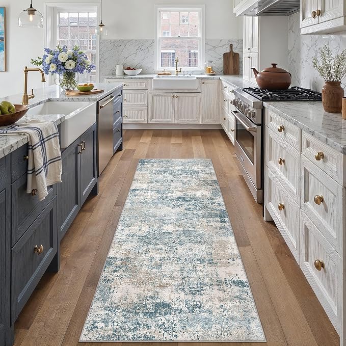 Blue 2x6 Runner Rug Washablel Abstract Hallway Carpet Modern Neutral Non Slip - Image 2