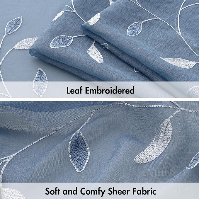 MIULEE Dusty Blue Sheer Curtains 2 Panels Embroidered Leaf Patterned Rod Pocket - Image 4