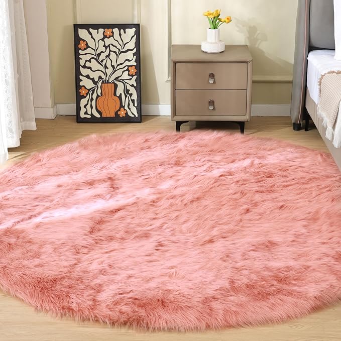 ORINOVA Pink Washable Shag Round Rugs 6.6ft Soft Plush Faux Sheepskin Fuzzy Fur by ORINOVA