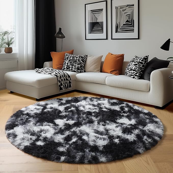 Amdrebio Black White Grey Round Rug 4Ft Circle Area Rugs - Image 5