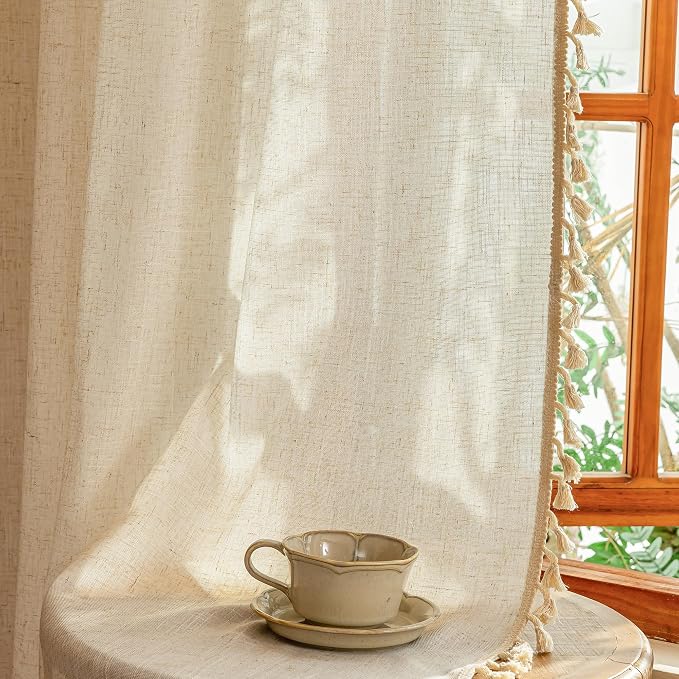 MYSKY HOME Bohemian Linen Sheer Macrame Curtains 72 Inch Length, Back Tab - Image 6