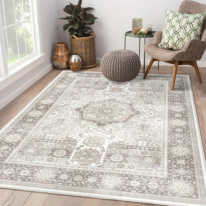 8x10 Rug - Cream & Grey Area Rug - Foldable Non Slip Vintage Rugs by PhonzenuoCarpet