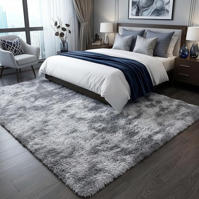 Area Rugs for Bedroom Living Room, 4x6 Tie-Dyed Light Grey Fluffy Shaggy - Image 7