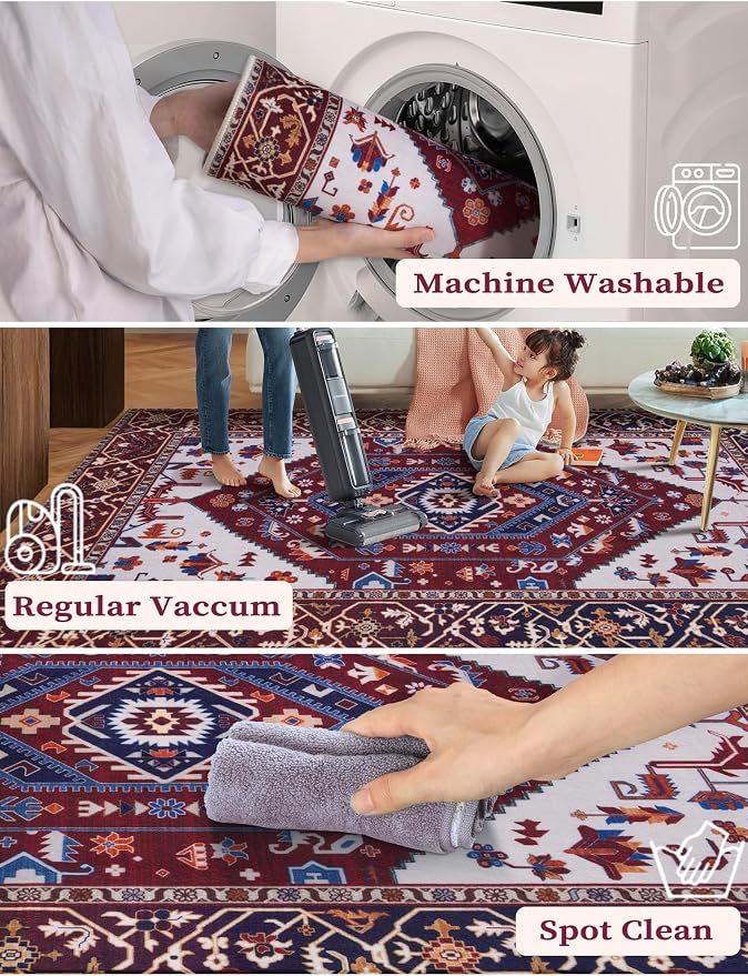 SERISSA Boho Washable Runner Rug, 2x6 Rug Runner Non-Slip Vintage Burgundy Navy - Image 2