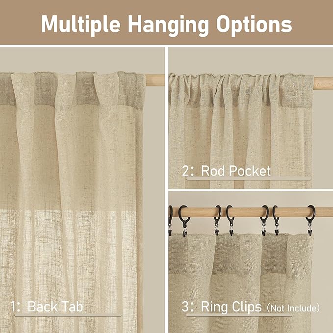 LAMIT Light Filtering Sheer Linen Curtains 102 inches Long, Linen Textured Semi - Image 2