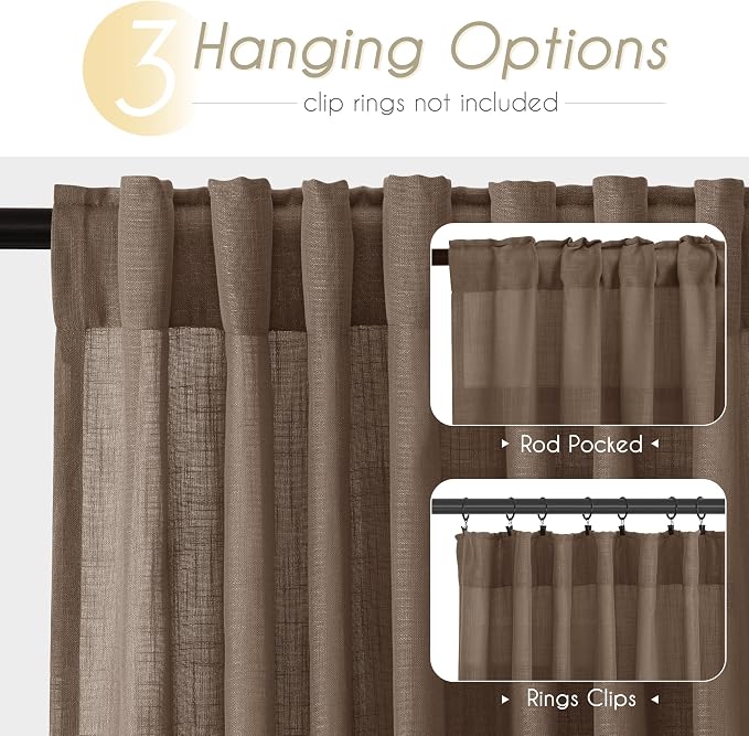 Chocolate Brown Linen Curtain 108 inch Length 2 Panels Back Tab Light Filtering - Image 2