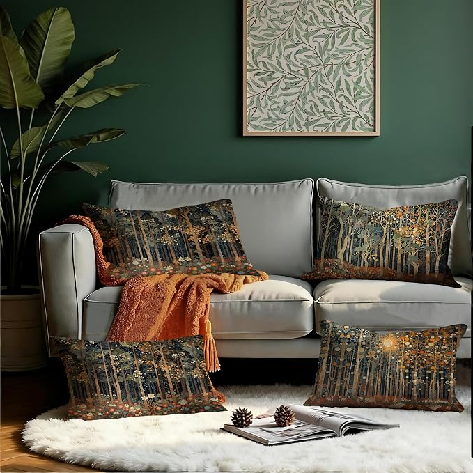 Rustic William Morris Inspired Forest Moon Pillow Covers 12x20 Set of 4 - Image 3
