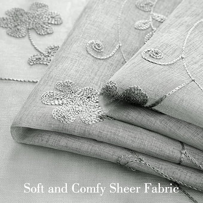 HOMEIDEAS Grey Sheer Curtains 63 Inches Long 2 Panels Embroidered Floral - Image 3