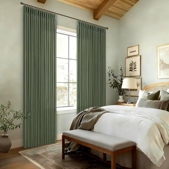 Dark Green Semi Sheer Privacy Linen Pinch Pleated Curtains 108 Inch Long | - Image 7