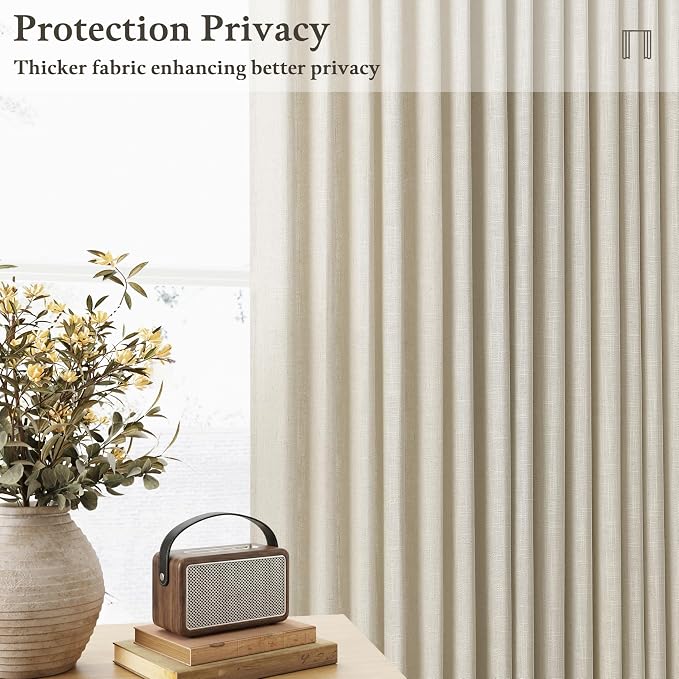 Pinch Pleat 132 Inch Beige Linen Semi Sheer Memory Shaped Boho Curtains 50W | - Image 6