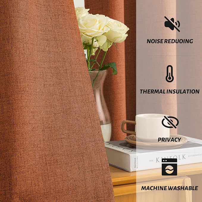 Yakamok Burnt Orange Linen Curtains 100% Blackout 63 Inches Long, Room - Image 5