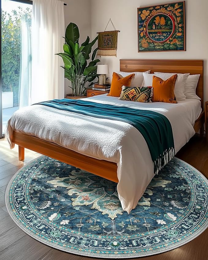 Area Rugs 6ft Washable Non-Slip, Floral Vintage Distress Print Pattern - Image 3