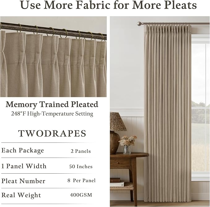 Camel Tan Linen Pleated Semi Sheer Privacy Back Tab Curtains 102 Inch Long | - Image 5