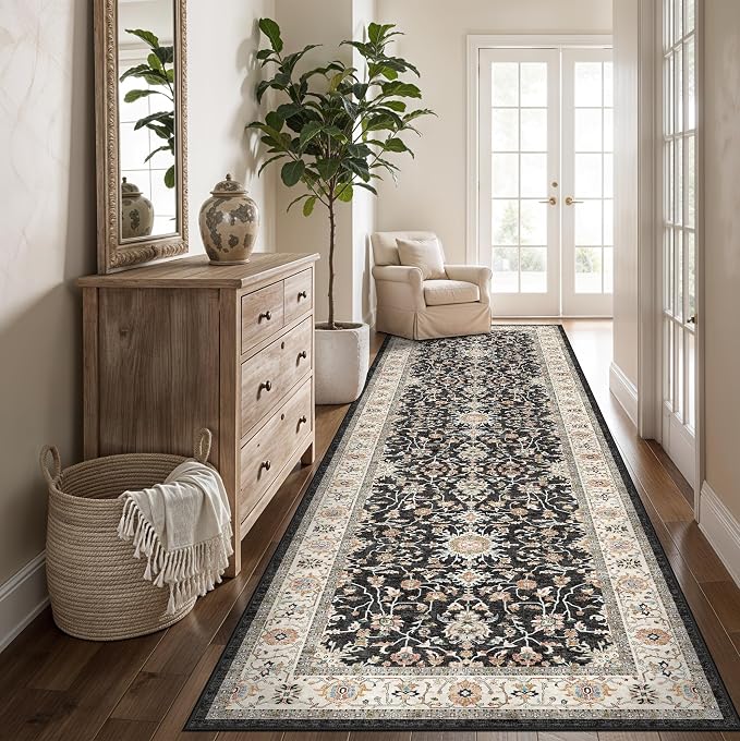 Washable 3x10 Hallway Runner Rug: Black Vintage Rug Runner Ultra Soft Low Pile - Image 2