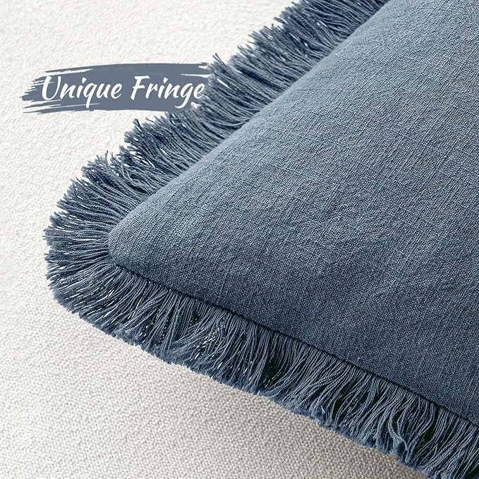 MIULEE Boho Linen Fringe Decorative Throw Pillow Covers Blue Ashes 16x16 | Set - Image 3
