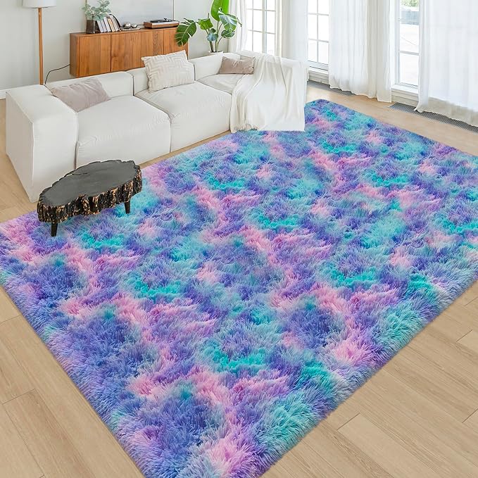Tie-Dye Purple Rainbow Soft Shaggy Fluffy Rug - Image 5