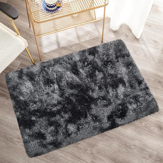 Small Tie-Dyed Area Rug for Bedroom 2x3 Mini Black Grey Fluffy Rug Mat Bedside - Image 4