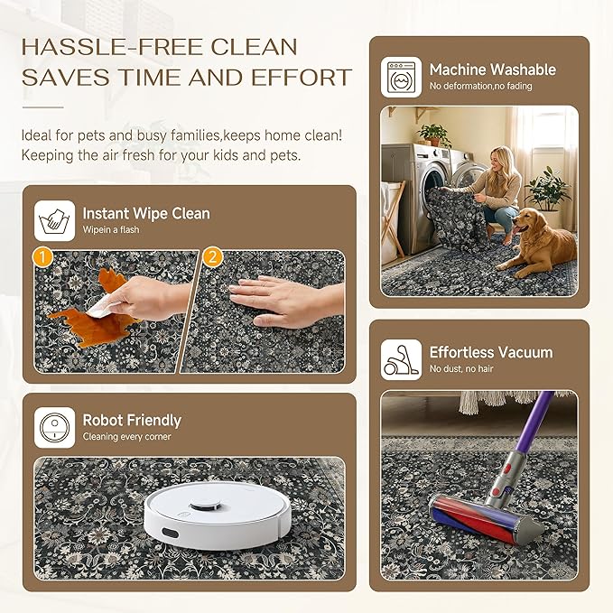 2x8 Black Beige Vintage Floral Washable Runner Rug - Image 6