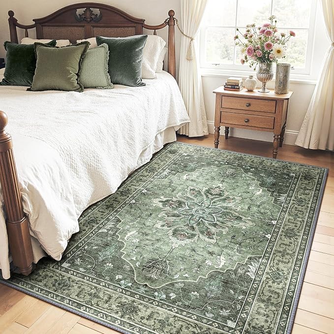 Area Rugs 4'x5' Washable Non-Slip, Floral Vintage Distress Print Pattern by RELEANY