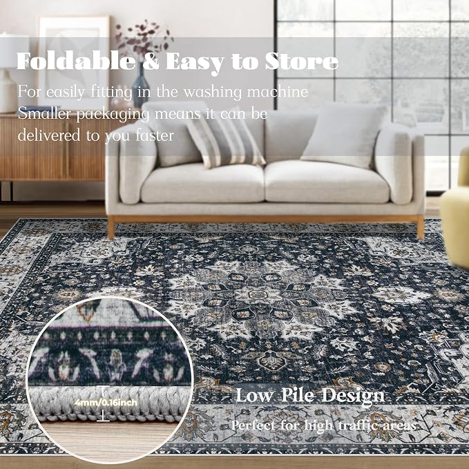 Area Rug 6x9 Washable Rug, Vintage Boho Medallion Rugs Non-Slip Soft Low Pile - Image 6
