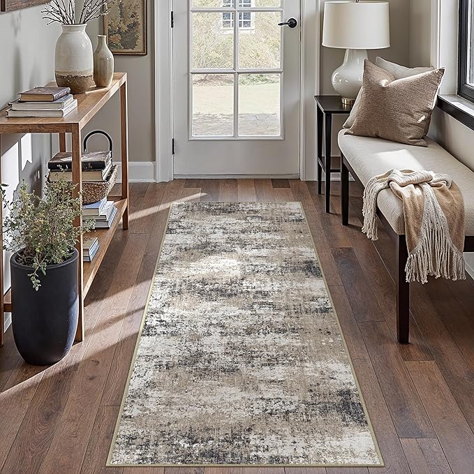 2x6 Abstract Runner Rug Brown Washable Modern Hallway Carpet Non Slip Ultra by PureCozy