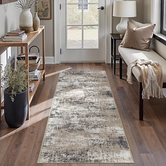 2x8 Abstract Runner Rug Brown Washable Modern Hallway Carpet Non Slip Ultra - Image 3