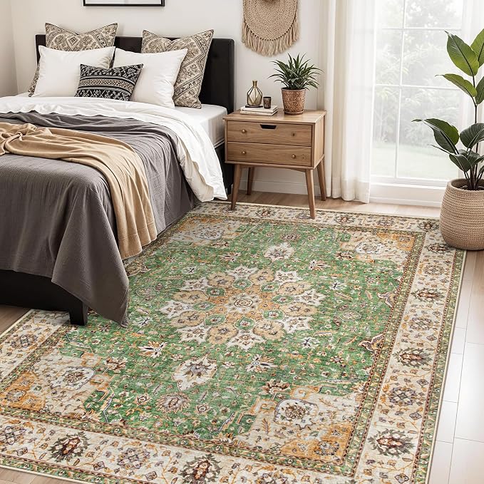 Area Rug 5x7 Washable Rug, Vintage Boho Medallion Rugs Non-Slip Soft Low Pile - Image 2