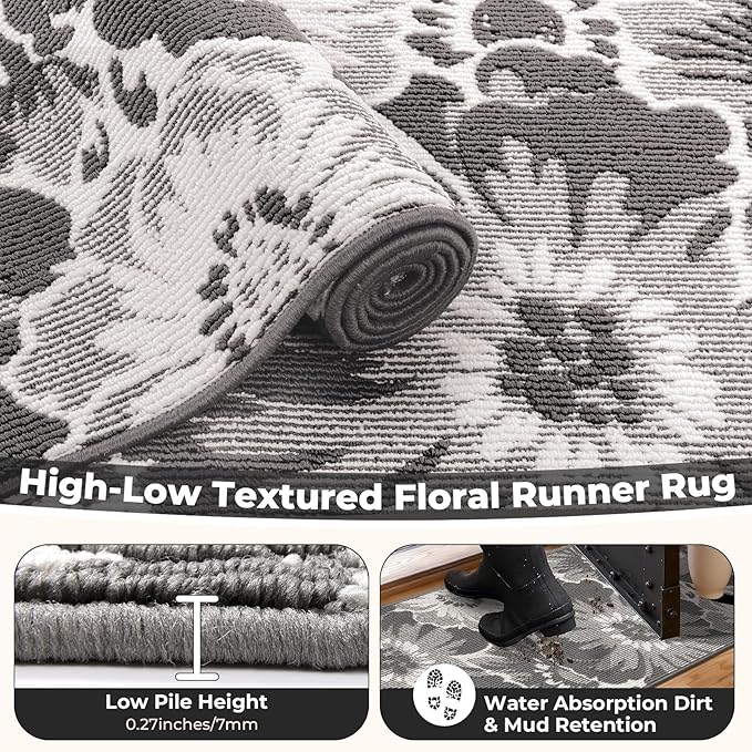 Findosom Hallway Runner Rug 2x8, Non Slip High-Low Textured Floral Washable - Image 5