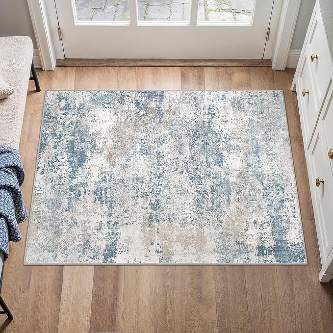 Blue 2x3 Area Rug Washable Abstract Entryway Carpet Modern Neutral Non Slip - Image 2