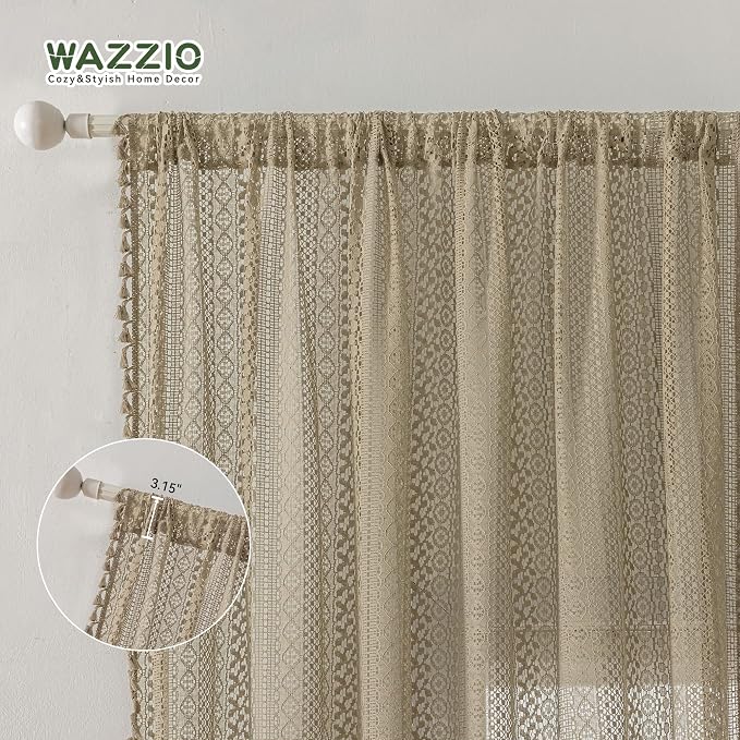WAZZIO Boho Lace Curtains 84 Inches 2 Panel, Light Filtering Privacy Tassel & - Image 6