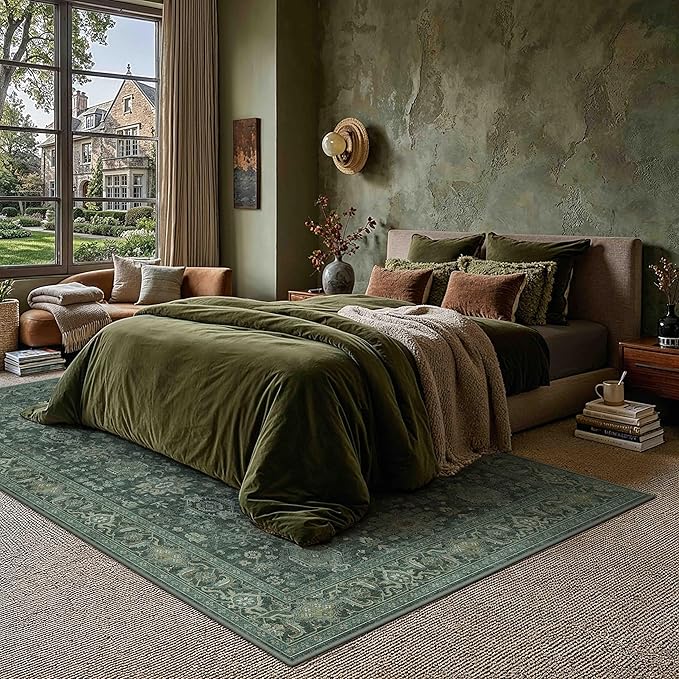 8x10 Washable Area Rug for Living Room Bedroom Vintage Green Non Slip Carpet - Image 3