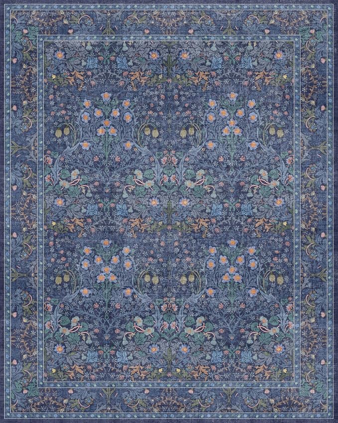 Hazo Haus Dark Blue Living Room Rug 8x10, Vintage Floral Washable Area Rugs - Image 2