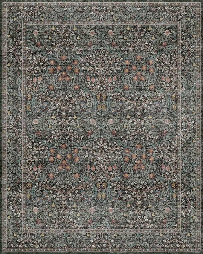 Vintage Dark Green Living Room Rug, 8x10 Washable Area Rugs - Image 2
