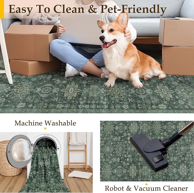 8x10 Washable Area Rug for Living Room Bedroom Vintage Green Non Slip Carpet - Image 5