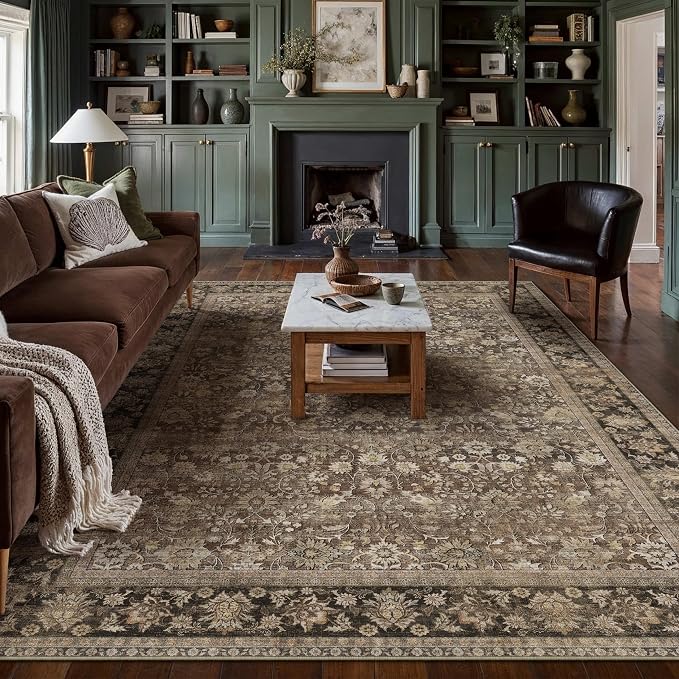 8x10 Brown Vintage Floral Washable Area Rug - Image 3
