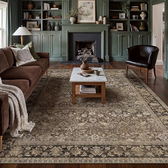 10x14 Brown Vintage Floral Washable Area Rug by HUGEAR