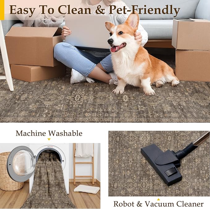 3x5 Washable Area Rug for Entryway Vintage Brown Non Slip Low Pile Carpet - Image 6