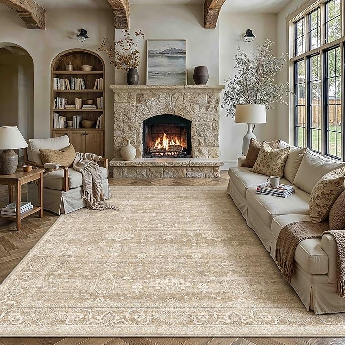 8x10 Washable Area Rug for Living Room Bedroom Vintage Beige Non Slip Carpet by WondRg