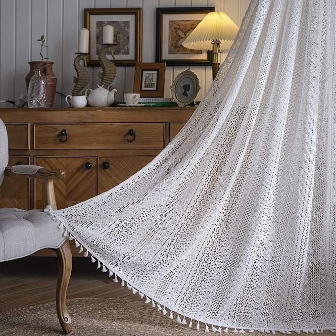 WAZZIO Boho Lace Curtains 63 Inches 2 Panel, Light Filtering Privacy Tassel & - Image 4