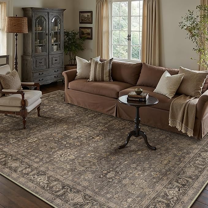 10x12 Washable Area Rug for Living Room Bedroom Vintage Brown Non Slip Carpet - Image 3