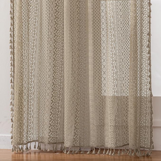 WAZZIO Boho Lace Curtains 84 Inches 2 Panel, Light Filtering Privacy Tassel & - Image 5