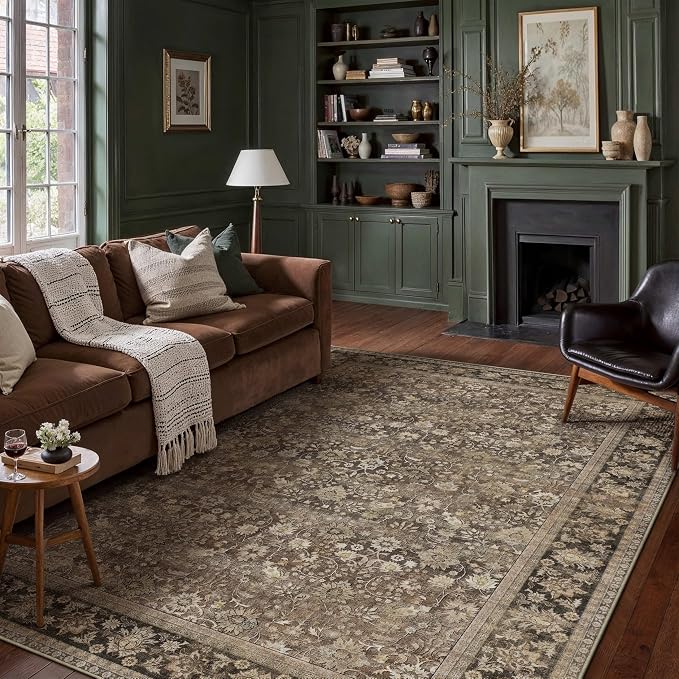 6x9 Brown Vintage Floral Washable Area Rug by HUGEAR