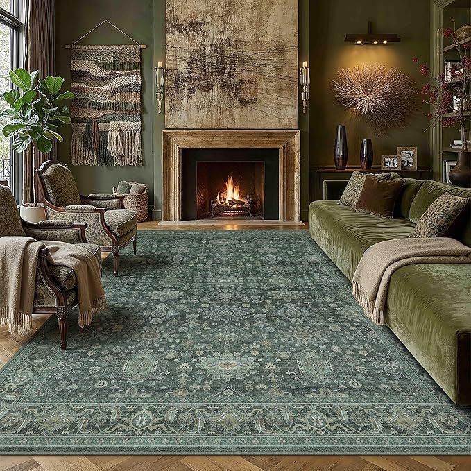 8x10 Washable Area Rug for Living Room Bedroom Vintage Green Non Slip Carpet by WondRg