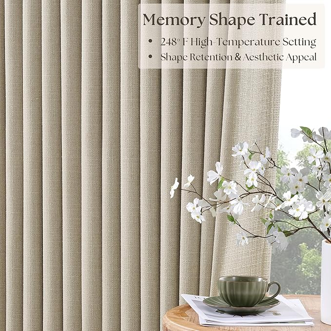Oatmeal Pinch Pleated 100% Blackout Linen Curtains 100 Inch Length 2 Panel | - Image 5