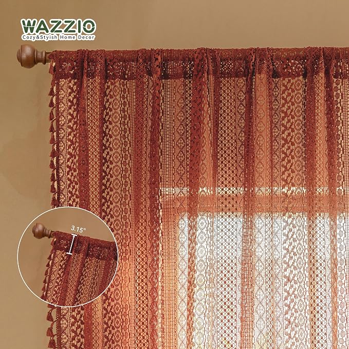 WAZZIO Boho Lace Curtains 96 Inches 2 Panel, Light Filtering Privacy Tassel & - Image 8