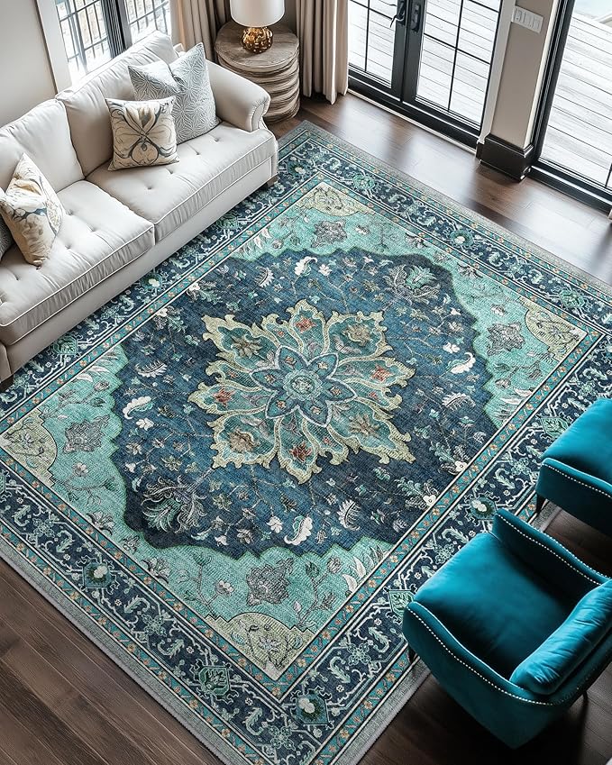 RELEANY Area Rugs 6'x8' Washable Non-Slip, Floral Vintage Distress Print by RELEANY